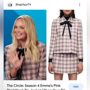 NWT MAJE Vad Pink Plaid Bow Neckline Wool Blazer Jacket ASO TV size 38/US 6